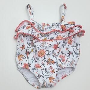 Janie and Jack Ruffled Floral Print White and Pink One Piece Swimsuit Baby 3-6M